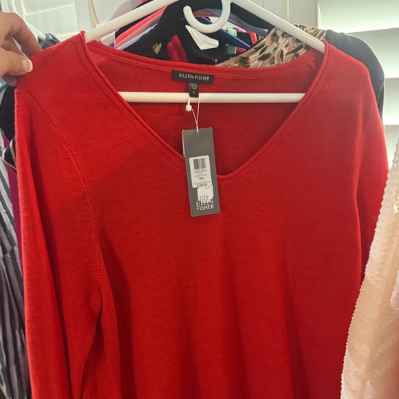 Eileen Fisher Sweaters - Eileen Fisher Vibrant Red V-Neck Lightweight Knit Pullover